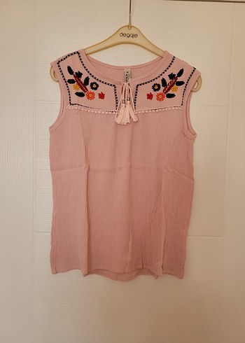 Diğer Püsküllü Nakışlı Pembe Kolsuz Bluz