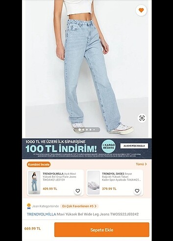 Mavi Yüksek Bel Wide Leg Jeans