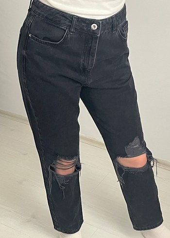 Yırtık Detaylı Siyah Kadın Bol Kesim Koton Jeans - Görsel 2