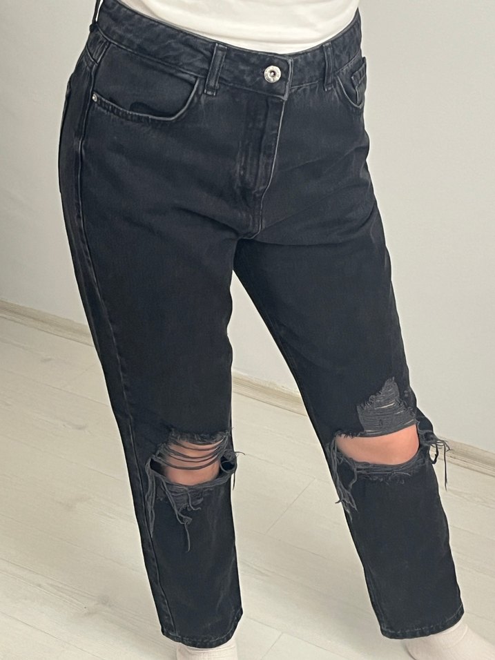 Yırtık Detaylı Siyah Kadın Bol Kesim Koton Jeans - Görsel 2