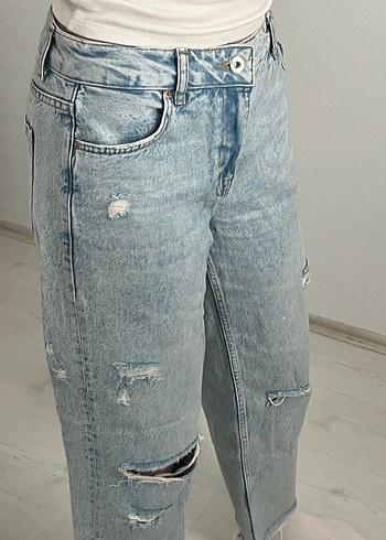 Yırtık Detaylı Midi Boy Mavi Kadın Kot Koton Jeans - Görsel 3