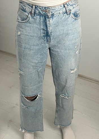 Yırtık Detaylı Midi Boy Mavi Kadın Kot Koton Jeans - Görsel 2