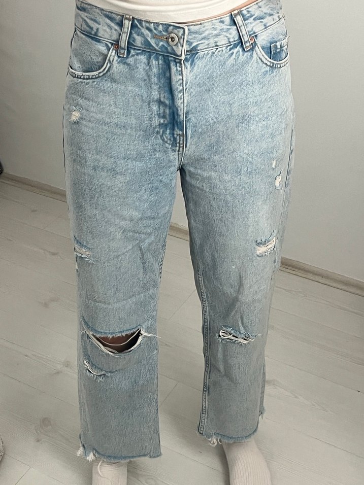 Yırtık Detaylı Midi Boy Mavi Kadın Kot Koton Jeans - Görsel 2