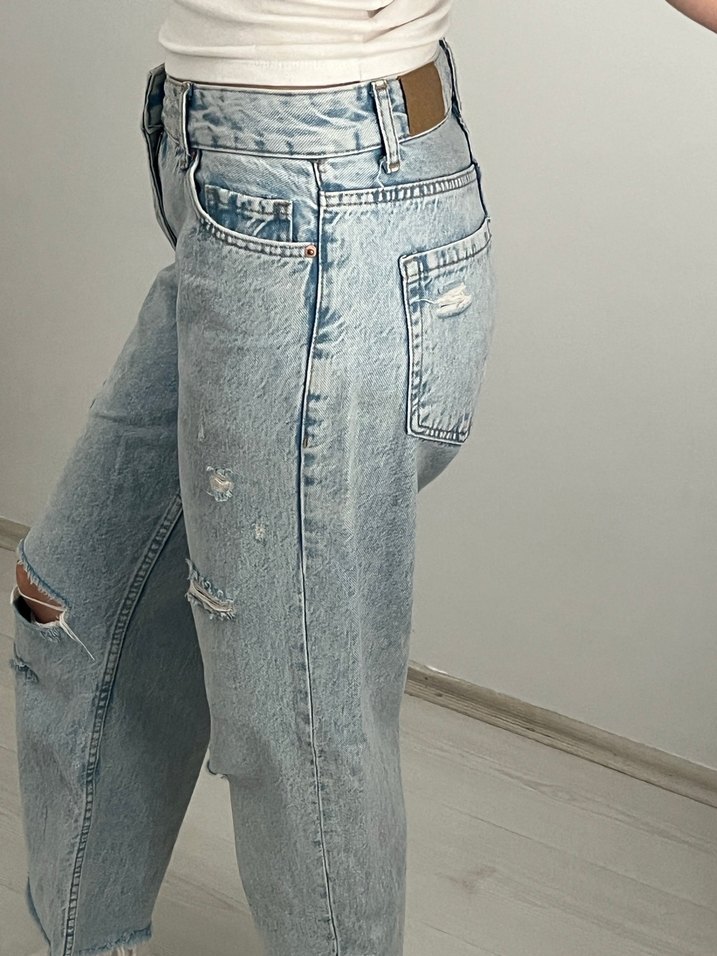 Yırtık Detaylı Midi Boy Mavi Kadın Kot Koton Jeans - Görsel 4