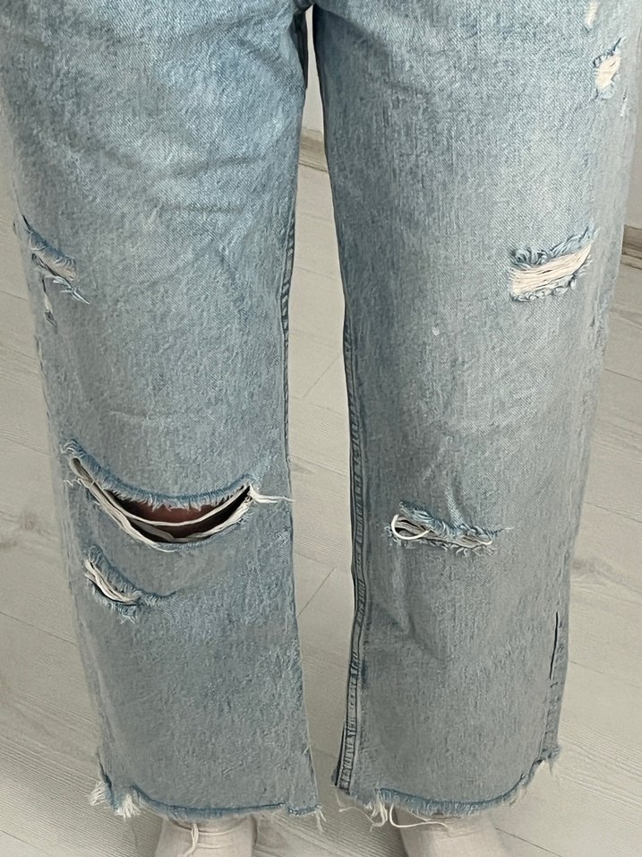 Yırtık Detaylı Midi Boy Mavi Kadın Kot Koton Jeans - Görsel 5