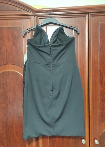 Straplez Pilili Siyah Mini Abiye Elbise - Görsel 5