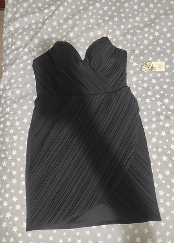 Straplez Pilili Siyah Mini Abiye Elbise - Görsel 6