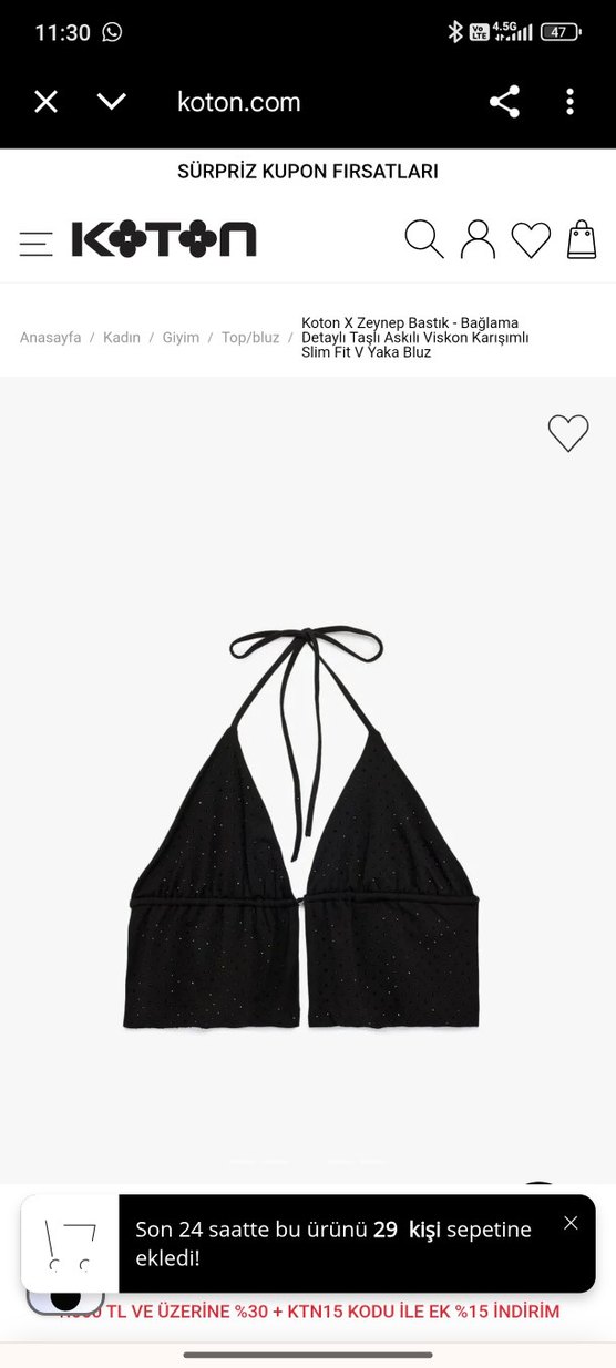 Koton marka Siyah Parlak Mini Strappy Büstiyer - Görsel 2