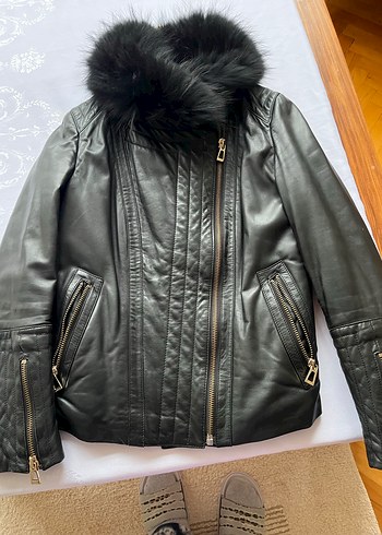 Gri Kürklü Deri Biker Kadın Mont - Görsel 4