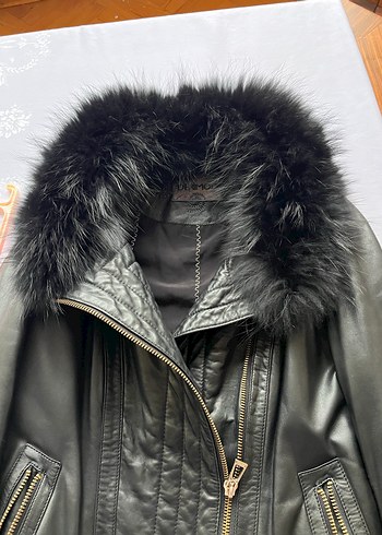 Gri Kürklü Deri Biker Kadın Mont - Görsel 3