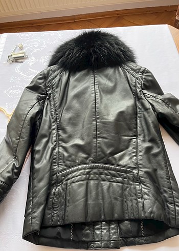 Gri Kürklü Deri Biker Kadın Mont - Görsel 2