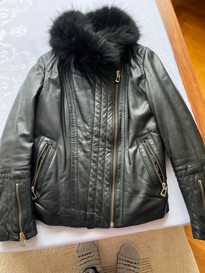 Gri Kürklü Deri Biker Kadın Mont - Görsel 4