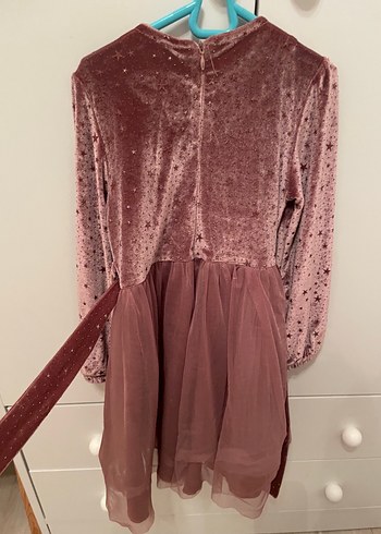 Kız Çocuk Pudra Kemerli Uzun Kollu Elbise - Görsel 2