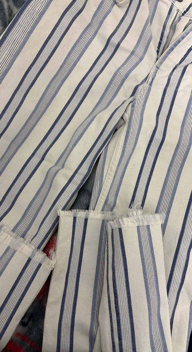 Mavi Beyaz Çizgili Kadın Salaş Jean - Görsel 3