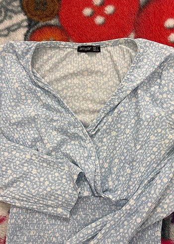 Mavi V Yaka Bağlama Desenli Kadın Bluz - Görsel 2