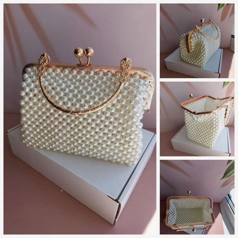 İnci İşlemeli Beyaz Örgü Kadın Çanta - Görsel 3