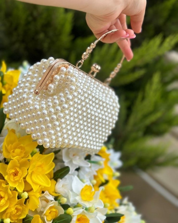İnci İşlemeli Beyaz Örgü Kadın Çanta - Görsel 2