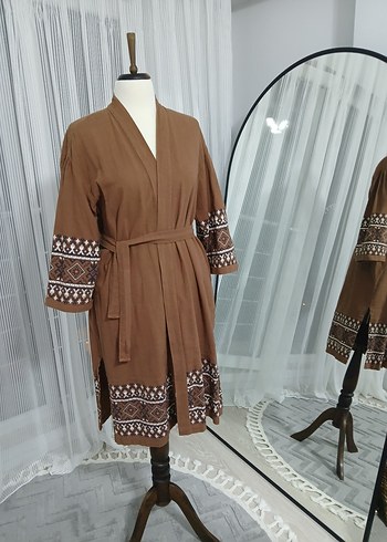Kahverengi Nakışlı Bohem kimono