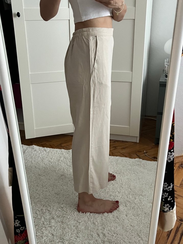 Bej Midi Keten Salaş Kadın Pantolon Mango - Görsel 4