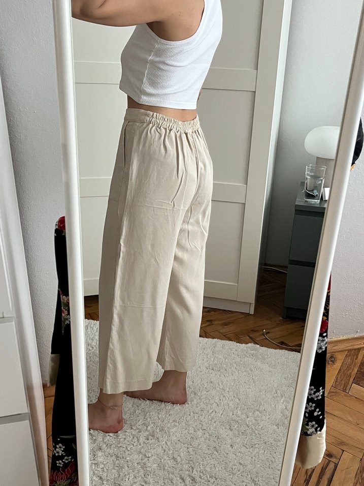 Bej Midi Keten Salaş Kadın Pantolon Mango - Görsel 3