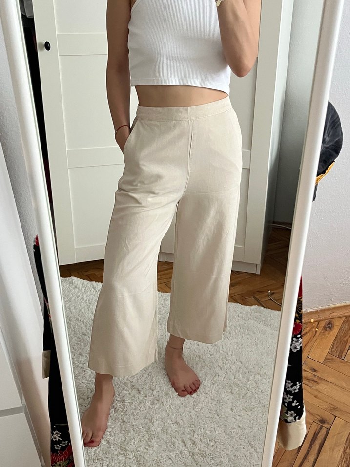 Bej Midi Keten Salaş Kadın Pantolon Mango - Görsel 2