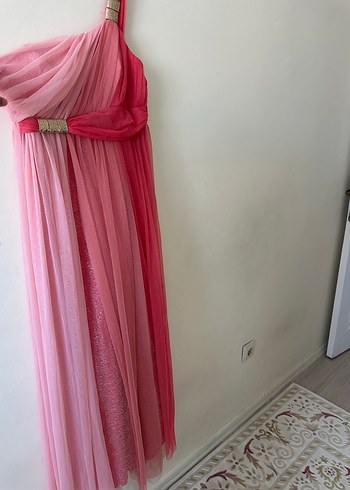 Pembe Drapeli Uzun Abiye Elbise