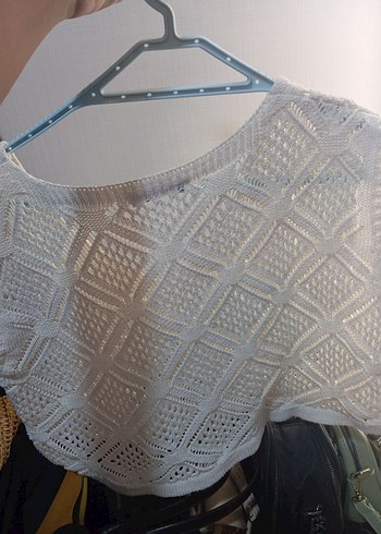 Bohem Tarz Beyaz V Yaka Örgü bluz - Görsel 5