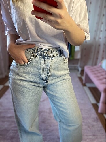 Açık mavi yıkamalı baggy Jean pantolon
