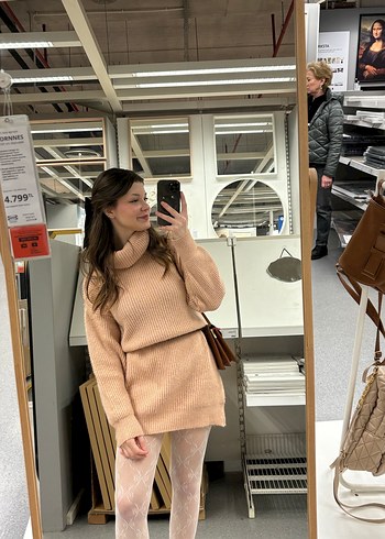 Toz pembe Boğazlı Örgü Triko Midi Elbise