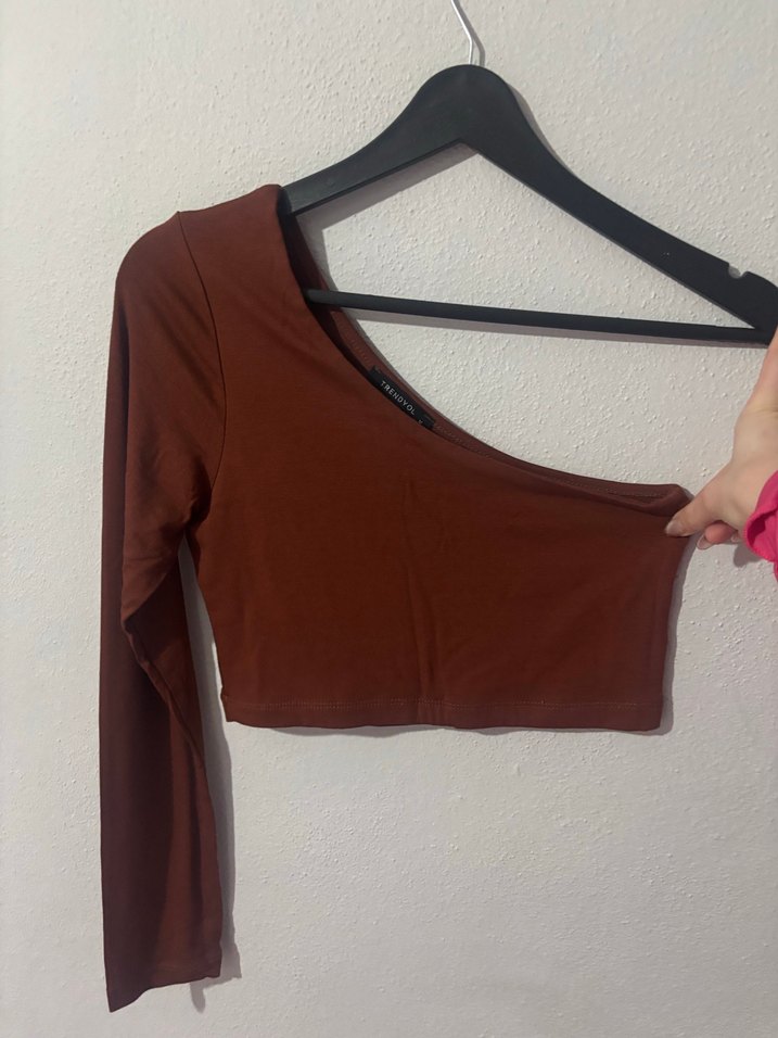 Tek omuzlu Kahverengi  bluz - Görsel 3