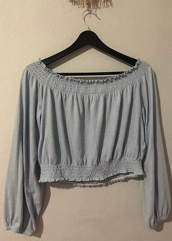 Hm Mavi Bohem Uzun Kollu Off-Shoulder Bluz - Görsel 3