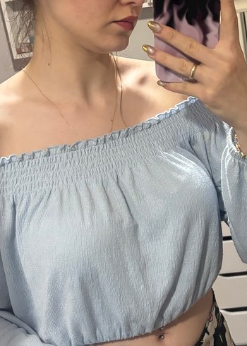 Hm Mavi Bohem Uzun Kollu Off-Shoulder Bluz - Görsel 2