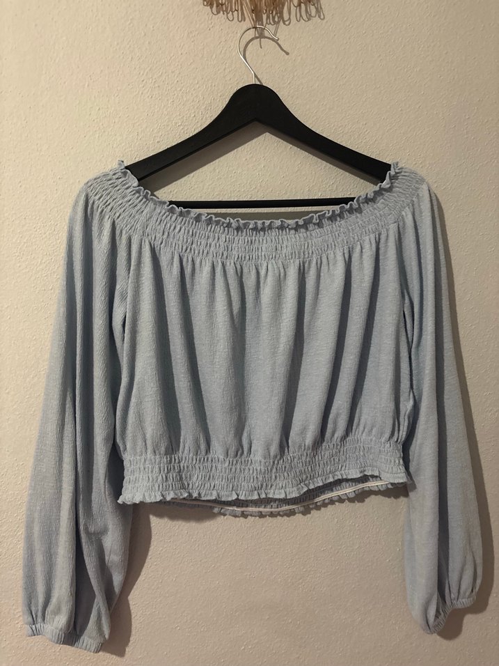 Hm Mavi Bohem Uzun Kollu Off-Shoulder Bluz - Görsel 3