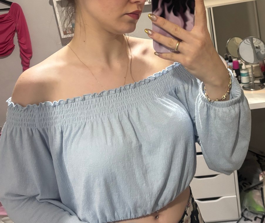 Hm Mavi Bohem Uzun Kollu Off-Shoulder Bluz - Görsel 2