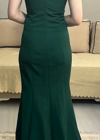 Koyu Yeşil Drapeli Uzun Abiye Elbise - Görsel 4
