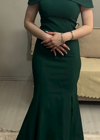 Koyu Yeşil Drapeli Uzun Abiye Elbise - Görsel 2