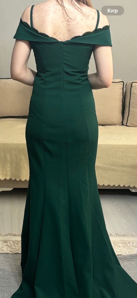 Koyu Yeşil Drapeli Uzun Abiye Elbise - Görsel 4