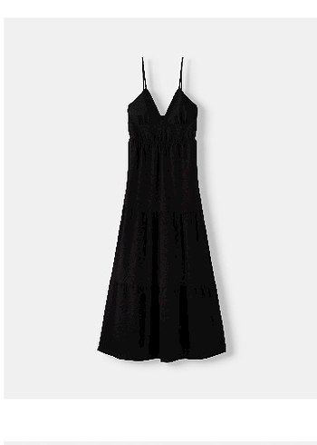 Bershka Siyah V Yaka Uzun Askılı Elbise