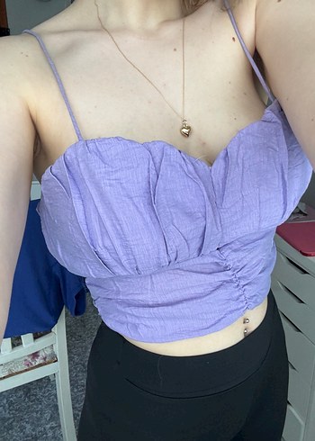 Mor Drapeli Keten Askılı Crop Top
