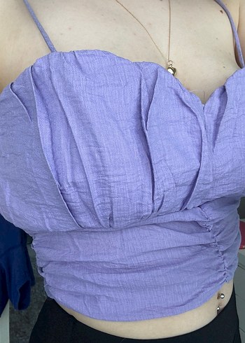 s Beden mor Renk Mor Drapeli Keten Askılı Crop Top