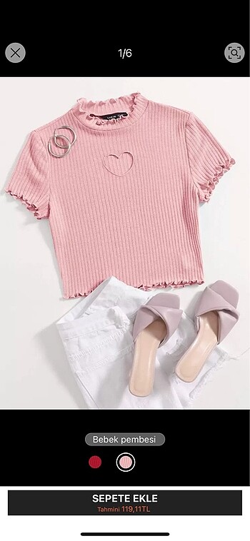 Shein pembe kalp dekolteli tişört