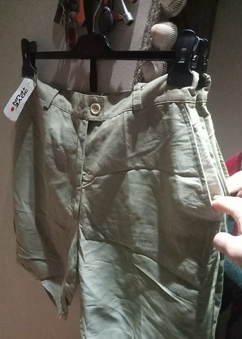 Düğmeli Bej Keten Mini Şort - Görsel 2