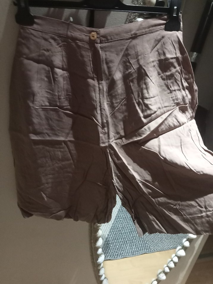 Bej Keten Mini Kadın Pantolon - Görsel 3