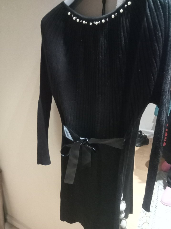 Siyah Midi Kemerli Uzun Kollu Elbise - Görsel 3