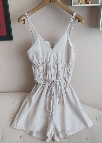 Beyaz Keten V Yaka Mini Tulum - Görsel 4