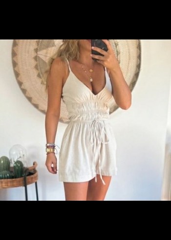 Beyaz Keten V Yaka Mini Tulum - Görsel 2