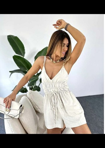 Beyaz Keten V Yaka Mini Tulum - Görsel 3