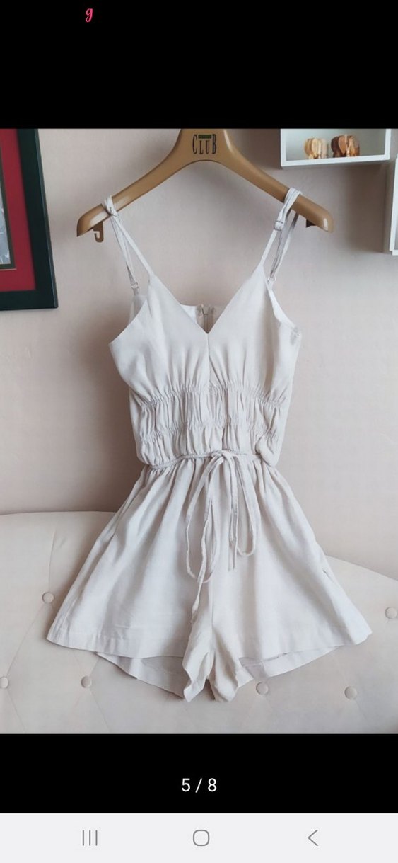 Beyaz Keten V Yaka Mini Tulum - Görsel 5