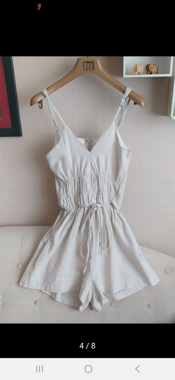 Beyaz Keten V Yaka Mini Tulum - Görsel 4