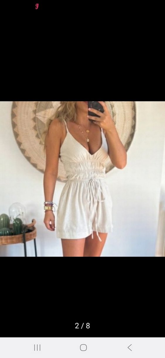 Beyaz Keten V Yaka Mini Tulum - Görsel 2